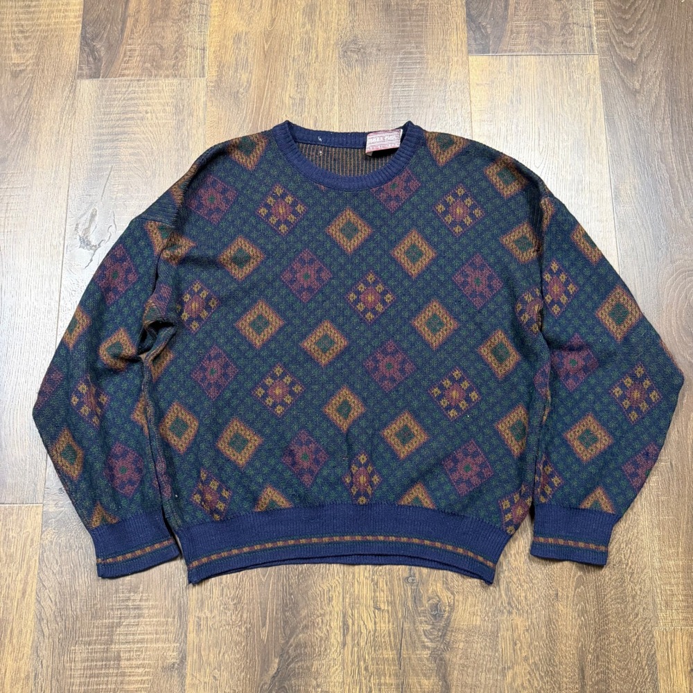 Vintage John Ashford Wool Sweater Mens Navy Geometric Diamond Made in Italy